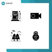 Set of 4 Vector Solid Glyphs on Grid for fuel hiking cam forest dolphin Editable Vector Design Elements