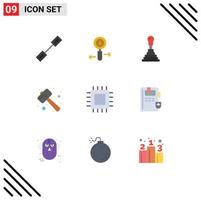 Pack of 9 Modern Flat Colors Signs and Symbols for Web Print Media such as computers watch kit car smash mallet Editable Vector Design Elements