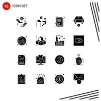 16 User Interface Solid Glyph Pack of modern Signs and Symbols of done checked person car list Editable Vector Design Elements