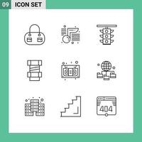 Group of 9 Outlines Signs and Symbols for recorder cassette station audio construction Editable Vector Design Elements