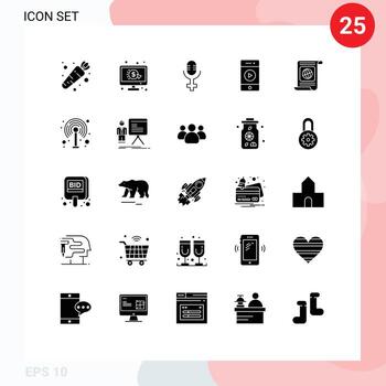 Set of 25 Commercial Solid Glyphs pack for file target record objectives speaker Editable Vector Design Elements