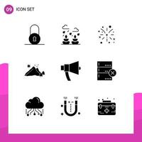 9 User Interface Solid Glyph Pack of modern Signs and Symbols of announcement scene fire nature landscape Editable Vector Design Elements