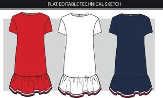 Frill Dress with tape detail fashion vector illustration flat sketches template. Vector illustration