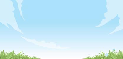 Background for presentation. Green grass with flower under the blue sky with curved clouds. Free space in the center for insert text. vector