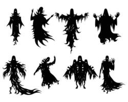 silueta de espíritu maligno de halloween. personajes fantasmas de pesadillas aterradoras, conjunto de mascotas de demonios fantasmas espeluznantes. siluetas de fantasmas de ropa rasgada vector