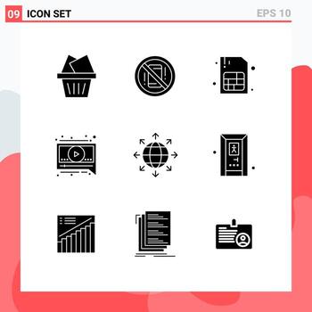 9 Universal Solid Glyphs Set for Web and Mobile Applications world global card connection message Editable Vector Design Elements