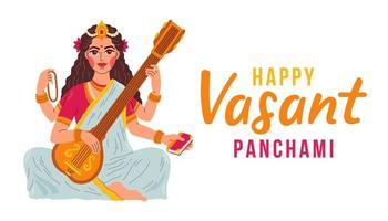 Vasant Panchami India festival, Goddess of Wisdom Maa Saraswati, Happy Vasant Panchami vector illustration
