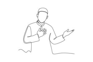 Continuous one line drawing muslim man celebrating islamic event with gesture pose to welcome Ramadan. Ramadan Concept. Single line draw design vector graphic illustration.