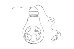 Single one line drawing earth light bulb plugged out of socket.  Earth hour concept. Continuous line draw design graphic vector illustration.