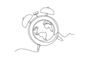 Single one line drawing earth clock icon. Earth hour concept. Continuous line draw design graphic vector illustration.