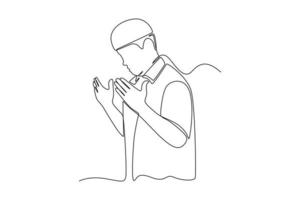 dibujo continuo de una línea hombre musulmán rezando con las manos. concepto de ramadán. ilustración gráfica vectorial de diseño de dibujo de una sola línea. vector