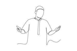 Continuous one line drawing muslim man celebrating islamic event with gesture pose to welcome Ramadan. Ramadan Concept. Single line draw design vector graphic illustration.