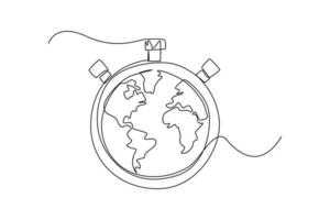 Single one line drawing earth in stopwatch. Earth hour concept. Continuous line draw design graphic vector illustration.