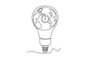 Single one line drawing light bulb with earth inside. Earth hour concept. Continuous line draw design graphic vector illustration.