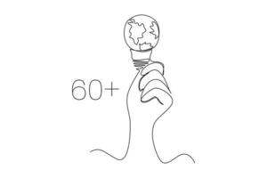 Single one line drawing hand hold light bulb with earth inside. Earth hour concept. Continuous line draw design graphic vector illustration.