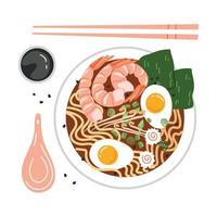 sopa de fideos ramen con camarones vector