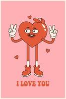 Groovy lovely heart poster. Love concept. Happy Valentines day greeting card. Pink and red colors. vector