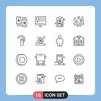 Pack of 16 Modern Outlines Signs and Symbols for Web Print Media such as internet of things connections video communications medical Editable Vector Design Elements