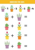 Addition game with different flowers in pots. Educational math game for preschool kids. vector