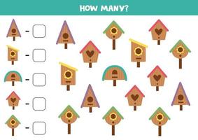 Counting game with cartoon wooden birdhouses. Math worksheet. vector