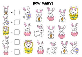 Counting game with cute cartoon Easter rabbits. Math worksheet. vector