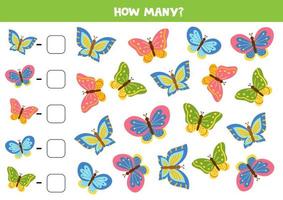 Counting game with cute cartoon butterflies. Math worksheet. vector