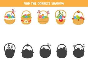 Find the correct shadows of cute Easter baskets. Logical puzzle for kids. vector