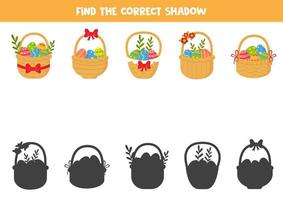 Find the correct shadows of cute Easter baskets. Logical puzzle for kids. vector