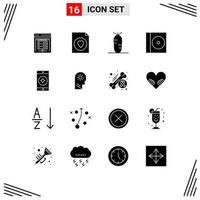 Pack of 16 Modern Solid Glyphs Signs and Symbols for Web Print Media such as control mobile application food mobile disc Editable Vector Design Elements