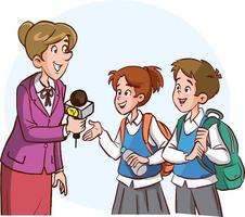 journalist woman doing street interview with students and children vector