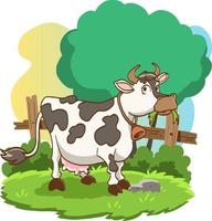 ilustración, de, caricatura, vaca, posición, en, pasto o césped vector