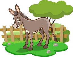 Cartoon donkey is standing in a clearing. Vector background with a farm animal