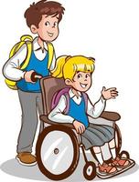 Helpful child carrying her friend in a wheelchair, exemplary behavioral training cartoon vector
