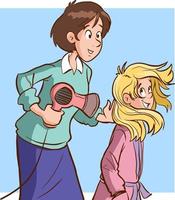 mother drying her daughter's hair cartoon vector illustration