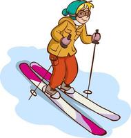 Little child skiing flat vector illustration.  winter holidays. Active outdoor pastime, sports leisure, seasonal recreation