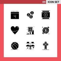 Group of 9 Solid Glyphs Signs and Symbols for science heart modern biology video design Editable Vector Design Elements