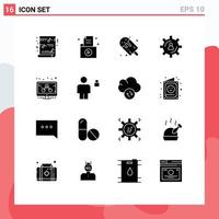 Solid Glyph Pack of 16 Universal Symbols of production gear record development popsicle Editable Vector Design Elements