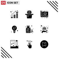 Pack of 9 Modern Solid Glyphs Signs and Symbols for Web Print Media such as medicine idea architect green ecology Editable Vector Design Elements