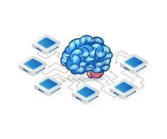 Isometric flat 3d concept illustration of brain center network artificial intelligence chip vector