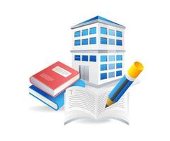 Isometric flat 3d concept illustration of school building and learning book symbol vector