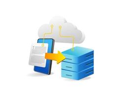 Flat 3d concept isometric illustration store smartphone data in cloud server vector