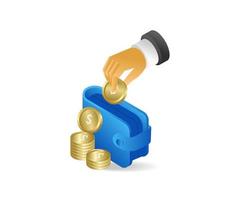 Flat 3d concept isometric illustration putting coins in wallet vector