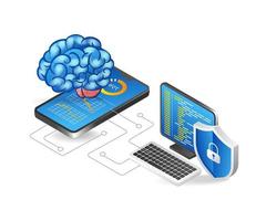 ilustración de concepto 3d plano isométrico del programa cerebral de inteligencia artificial vector