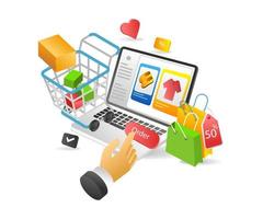 Flat 3d concept isometric illustration of online shopping order with computer vector