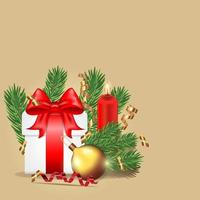 Christmas balls, gifts, Christmas trees and burning candles. Festive decorations and items for any New Year, Christmas background decoration vector