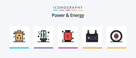 La línea de energía y energía llenó el paquete de 5 iconos, incluida la molécula. átomo. generador. enchufe. enchufar. diseño de iconos creativos vector