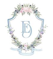 Painted wedding monogram ED initial. Watercolor crest olive and hydrangea flower frame Hand drawn template. vector