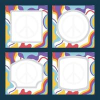 Set of Frames, backdrops, Icons in the style of a hippie with colored waves and peace sign
