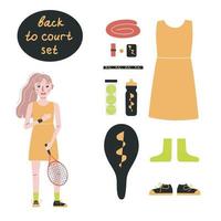 Flat vector illustration in childish style. Hand drawn tennis player, gear and equipment.