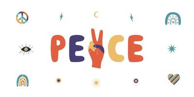 Flat vector hippy boho illustration. Hand drawn retro groovy elements and peace lettering